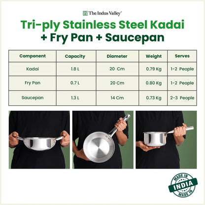 Tri-ply Stainless Steel Cookware Set: 20cm Kadai + 20cm Fry Pan + 14cm Sauce pan, Premium Quality, 3 Layer Thick Body, 100% Toxin-free, Non-stick, Induction & Gas
