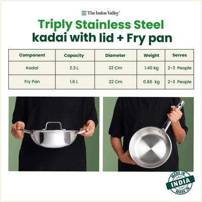 Tri-ply Stainless Steel Cookware Set: Kadai with SS lid -22cm + Frypan - 22cm, Premium Quality, 3 Layer Thick Body, 100% Toxin-free, Non-stick, Induction & Gas