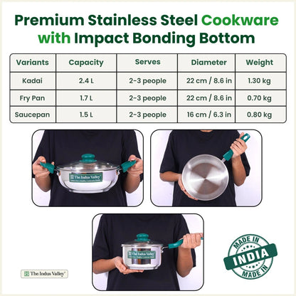 Premium Stainless Steel Impact Bonded Cookware Set: Kadai with Glass Lid(22cm)+Saucepan(16cm)+ Frypan(22cm)with Glass Lid, Tri-ply (3 Layer) Bottom, Induction & Gas