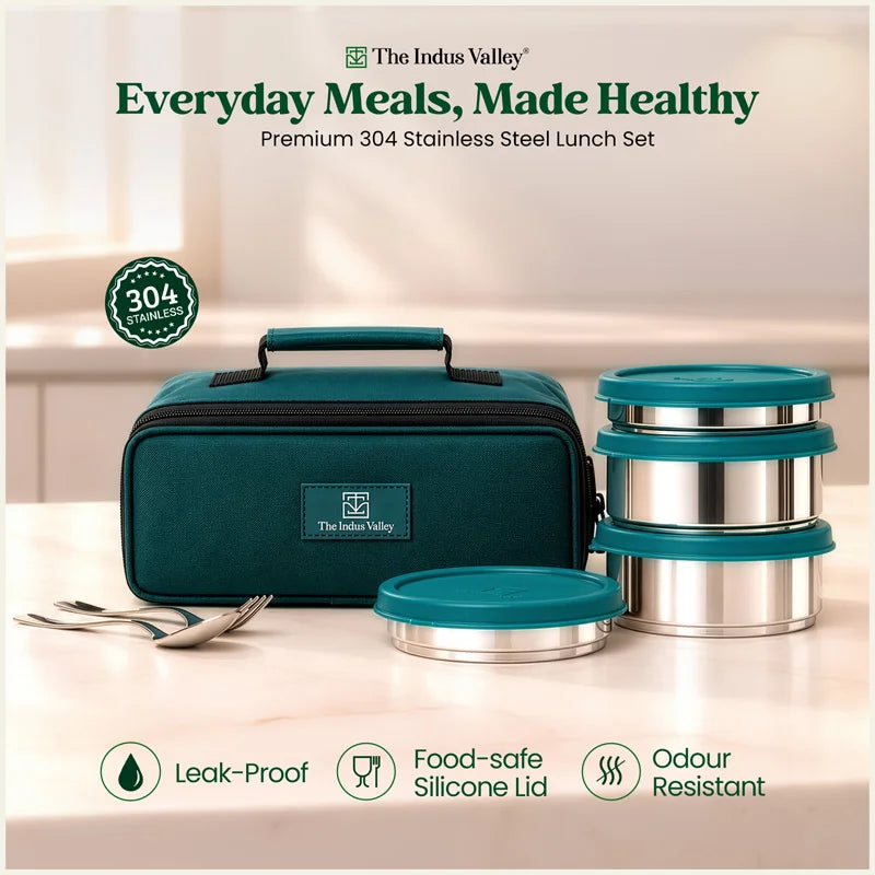 304 Stainless Steel Leakproof Lunch Box Set of 4 with Fork & Spoon | 220ml × 2, 450ml × 2