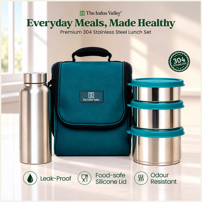 304 Stainless Steel Leakproof Lunch Box Set of 4 with 750ml Water Bottle | 450ml, 600ml & 750ml Containers