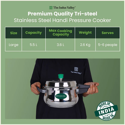 Premium Stainless Steel Outer Lid Handi Pressure Cooker 5.5L, Premium Quality, Heavy Bottom, 100% Safe, ISI Certified, 3 Yr Warranty, Induction & Gas