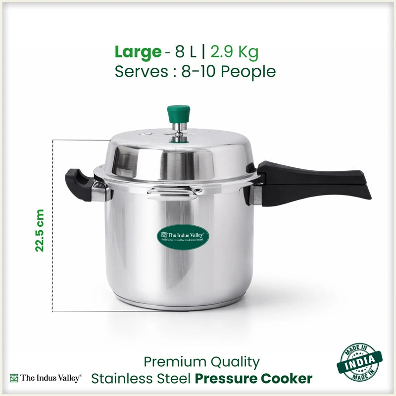 Premium Stainless Steel Outer Lid Pressure Cooker 8L, Premium Quality, Heavy Bottom, 100% Safe, ISI Certified, 3 Yr Warranty, Induction & Gas