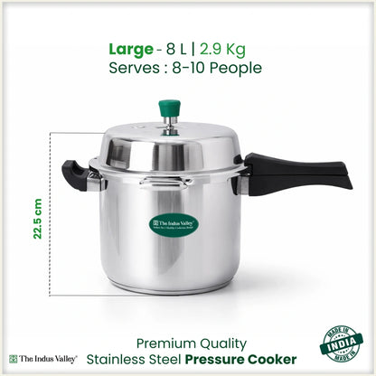 Premium Stainless Steel Outer Lid Pressure Cooker 8L, Premium Quality, Heavy Bottom, 100% Safe, ISI Certified, 3 Yr Warranty, Induction & Gas