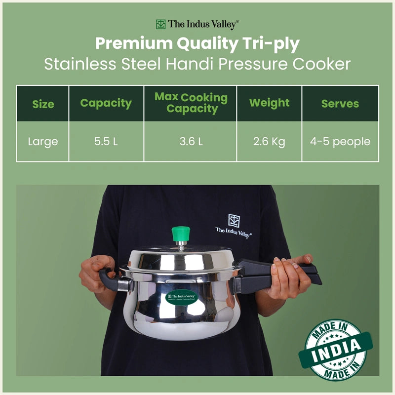Tri-Ply Stainless Steel Outer Lid Handi Pressure Cooker 5.5L, 100% Food-Safe, 3 Layer Thick Body, Heavy Bottom, 5 Yr Warranty, Induction & Gas