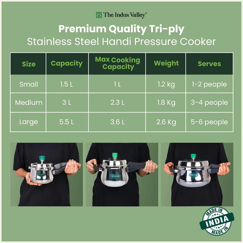 Tri-Ply Stainless Steel Outer Lid Handi Pressure Cooker 1.5L/3L /5.5L, 100% Food-Safe, 3 Layer Thick Body, Heavy Bottom, 5 Yr Warranty, Induction & Gas