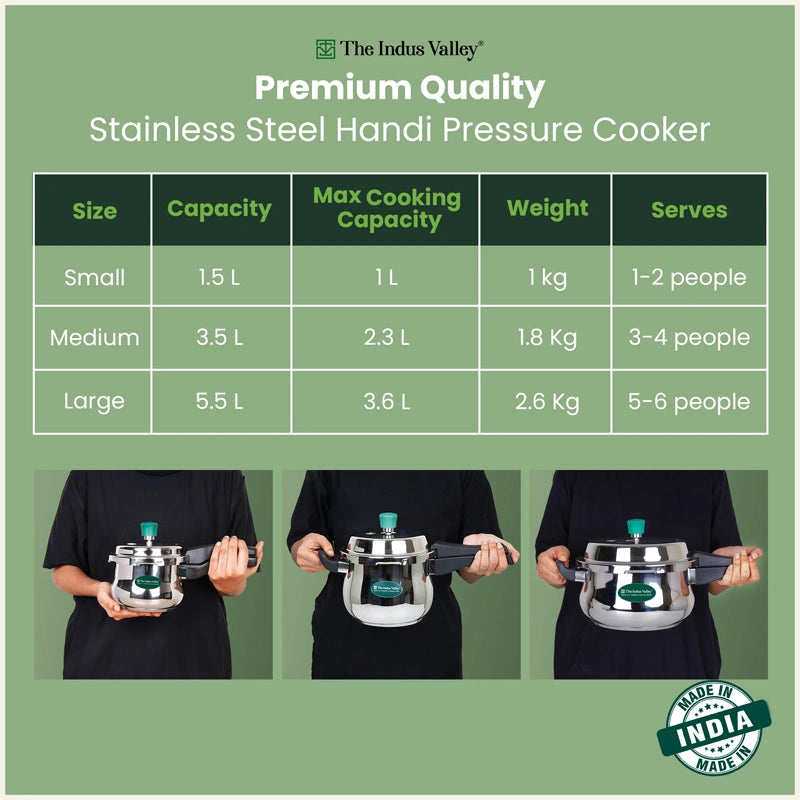 Premium Stainless Steel Outer Lid Handi Pressure Cooker 1.5L/3.5L/5.5L, Premium Quality, Heavy Bottom, 100% Safe, ISI Certified, 3 Yr Warranty, Induction & Gas