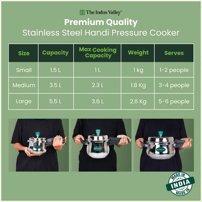 Premium Stainless Steel Outer Lid Handi Pressure Cooker 1.5L/3.5L/5.5L, Premium Quality, Heavy Bottom, 100% Safe, ISI Certified, 3 Yr Warranty, Induction & Gas