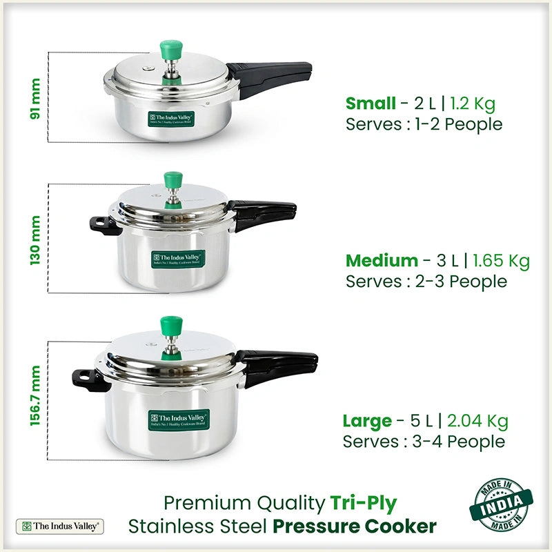 Premium Quality RapidCuk 2/3/5L Tri-Ply Stainless Steel Pressure Cooker for Kitchen, 100% Food-Safe, 3 Layer Thick Body, Heavy Bottom, 5 Yr Warranty, Induction & Gas