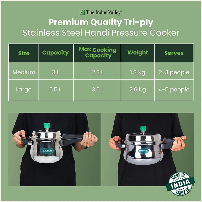 Tri-Ply Stainless Steel Outer Lid Handi Pressure Cooker 3L /5.5L, 100% Food-Safe, 3 Layer Thick Body, Heavy Bottom, 5 Yr Warranty, Induction & Gas