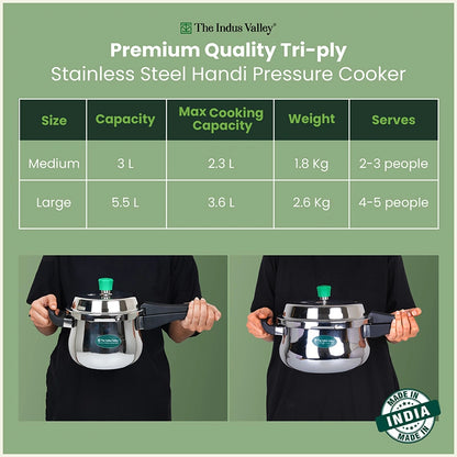 Tri-Ply Stainless Steel Outer Lid Handi Pressure Cooker 3L /5.5L, 100% Food-Safe, 3 Layer Thick Body, Heavy Bottom, 5 Yr Warranty, Induction & Gas