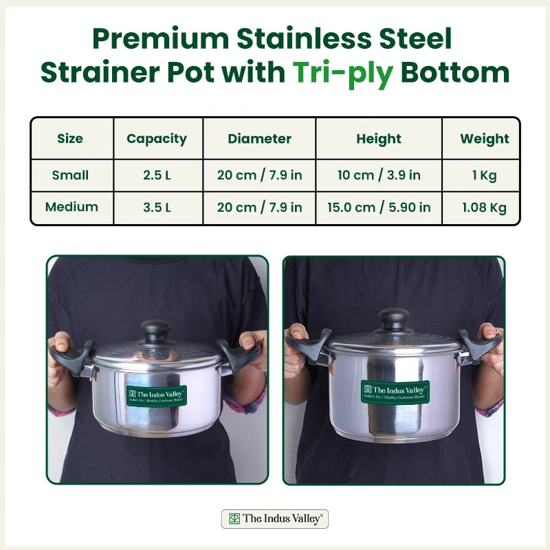 Premium Stainless Steel Rice Pot with Strainer Lid & Lock free Bakelite Handles 2.5/3.5L, Tri-ply 3-Layer Heavy Bottom | Noodle/Pasta/Corn/Soya/Veggies Boiler Pot, Steamer Cooker, Induction & Gas