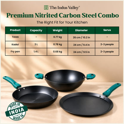 Nitrided Carbon Steel Combo Set of 3 – 26cm Tawa + 24cm Kadai + 24cm Fry Pan| Rust-Free | No Sticking