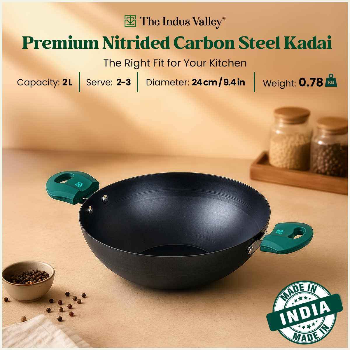 Nitrided Carbon Steel Kadai 24cm | Rust-Free | No Sticking