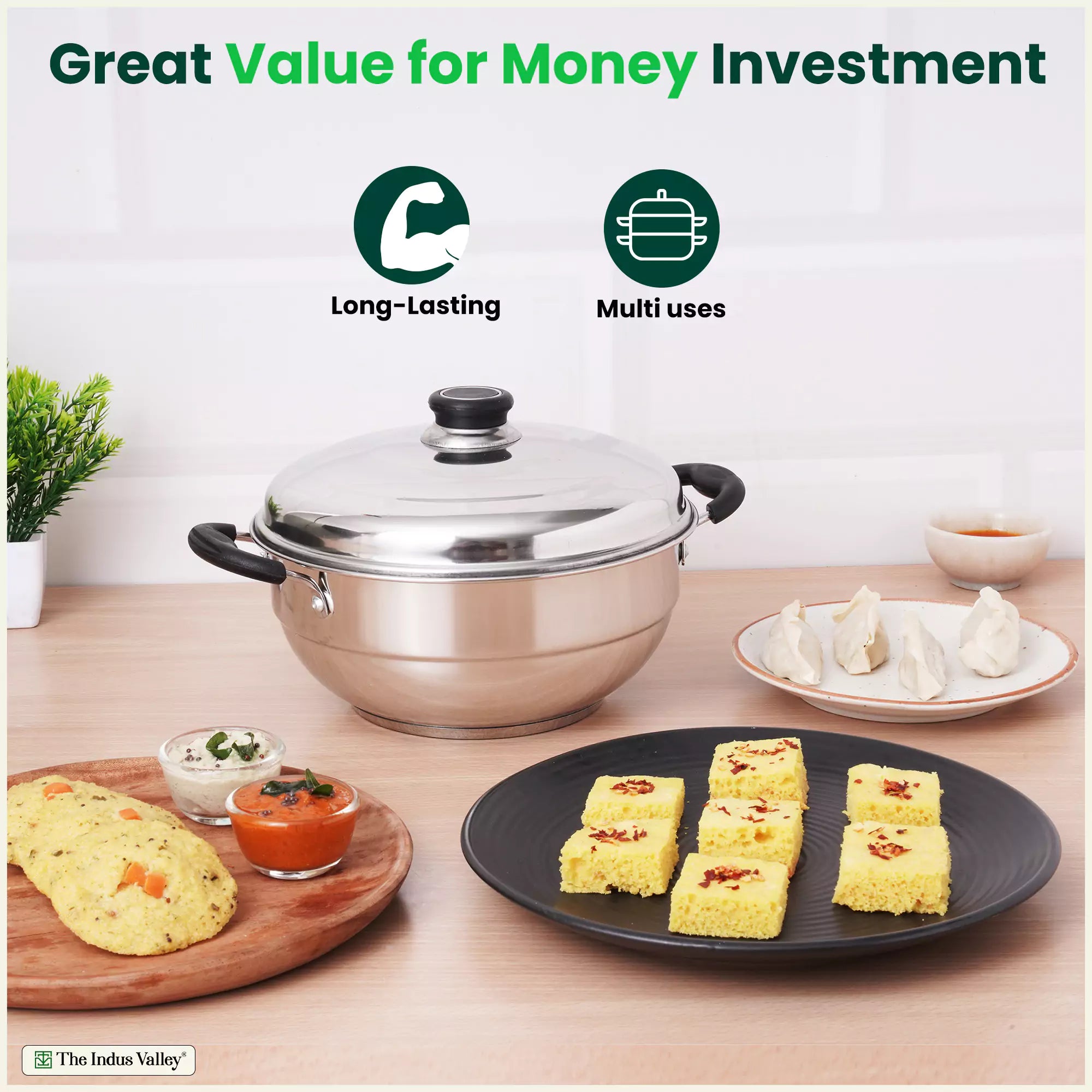 8 Pit Tri-Steel Multi Pot 3L Premium Stainless Steel Idli/ Dhokla/ Momo Maker/ Veg Steaming Set, Tri-ply Induction Bottom, 5 Plates