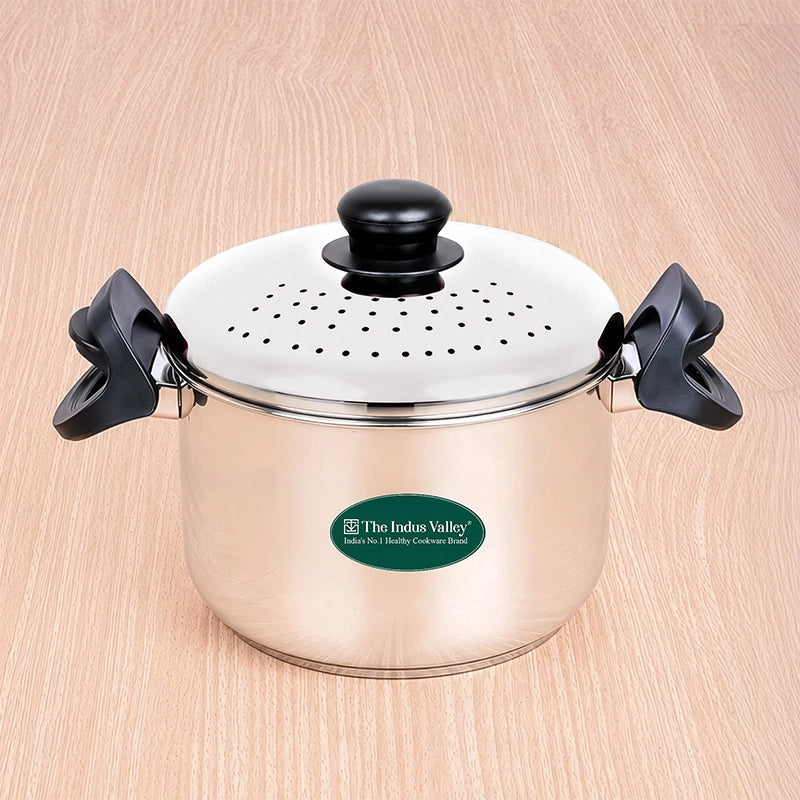 Premium Stainless Steel Rice Pot with Strainer Lid & Lock free Bakelite Handles 2.5/3.5L/5L, Tri-ply 3-Layer Heavy Bottom | Noodle/Pasta/Corn/Soya/Veggies Boiler Pot, Steamer Cooker, Induction & Gas
