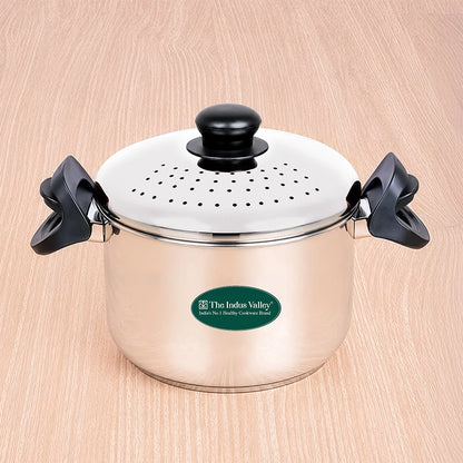 Premium Stainless Steel Rice Pot with Strainer Lid & Lock free Bakelite Handles 2.5/3.5L/5L, Tri-ply 3-Layer Heavy Bottom | Noodle/Pasta/Corn/Soya/Veggies Boiler Pot, Steamer Cooker, Induction & Gas