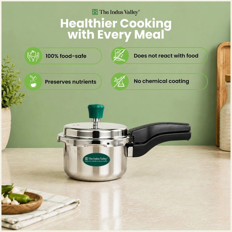 Premium Tri-ply Stainless Steel Narrow Pressure Cooker 1.5L, 100% Food-Safe, 3 Layer Thick Body, Heavy Bottom, 5 Yr Warranty, Induction & Gas
