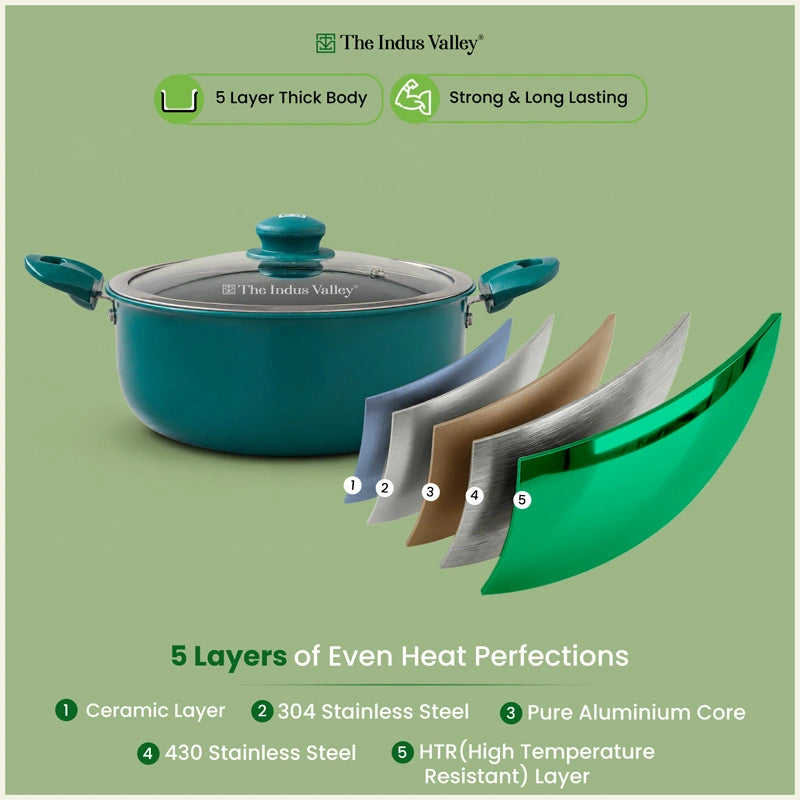 Tri-ply Ceramic Short Casserole with Glass Lid -24cm, Ceramic Coating, 100% Toxin-Free, PFOA & PFAS Free, Non-Stick, Induction & Gas Compatible