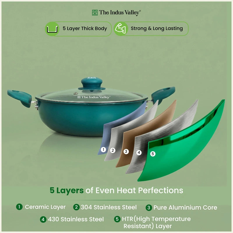 Tri-ply Ceramic  Kadai with Glass Lid -24cm, Ceramic Coating, 100% Toxin-Free, PFOA & PFAS Free, Non-Stick, Induction & Gas Compatible