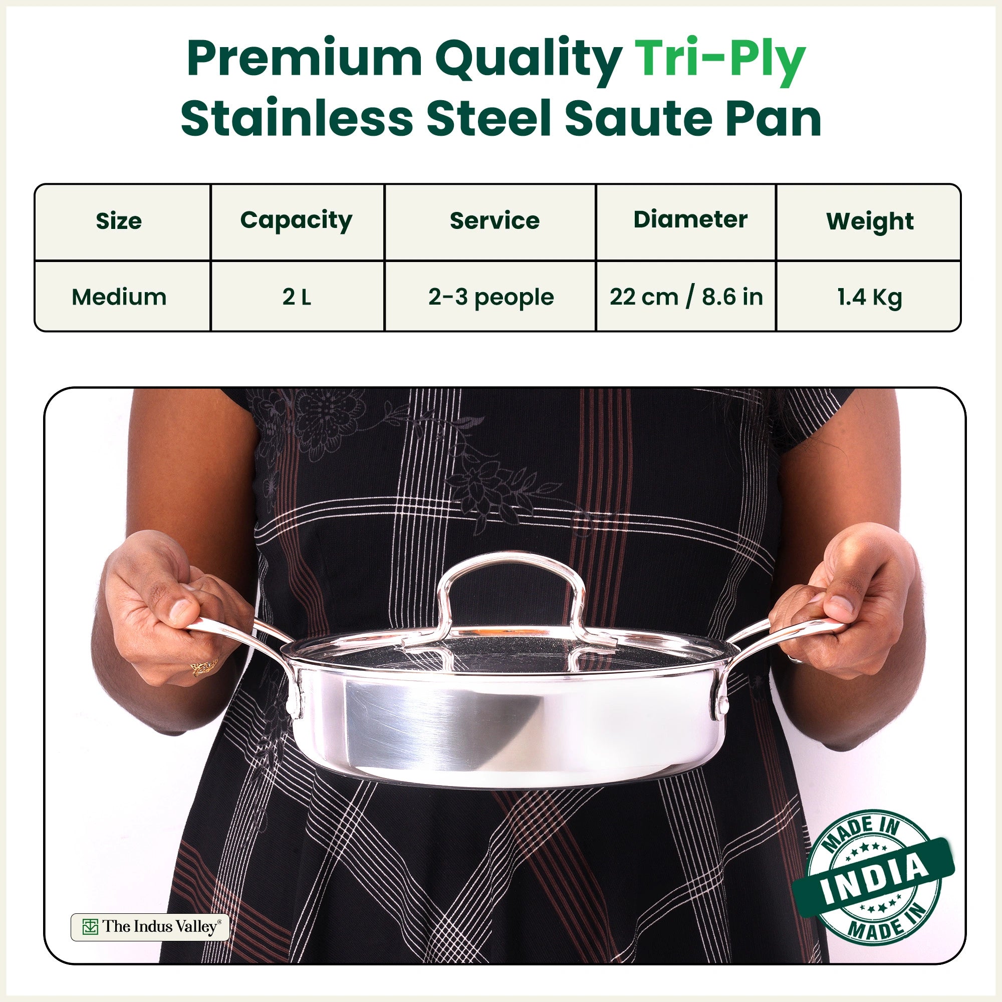 Tri-ply Stainless Steel Saute Pan 22cm 2L | No Sticking, No Burning | With Steel Lid | Fast Heating, Healthy Cooking | Induction Safe