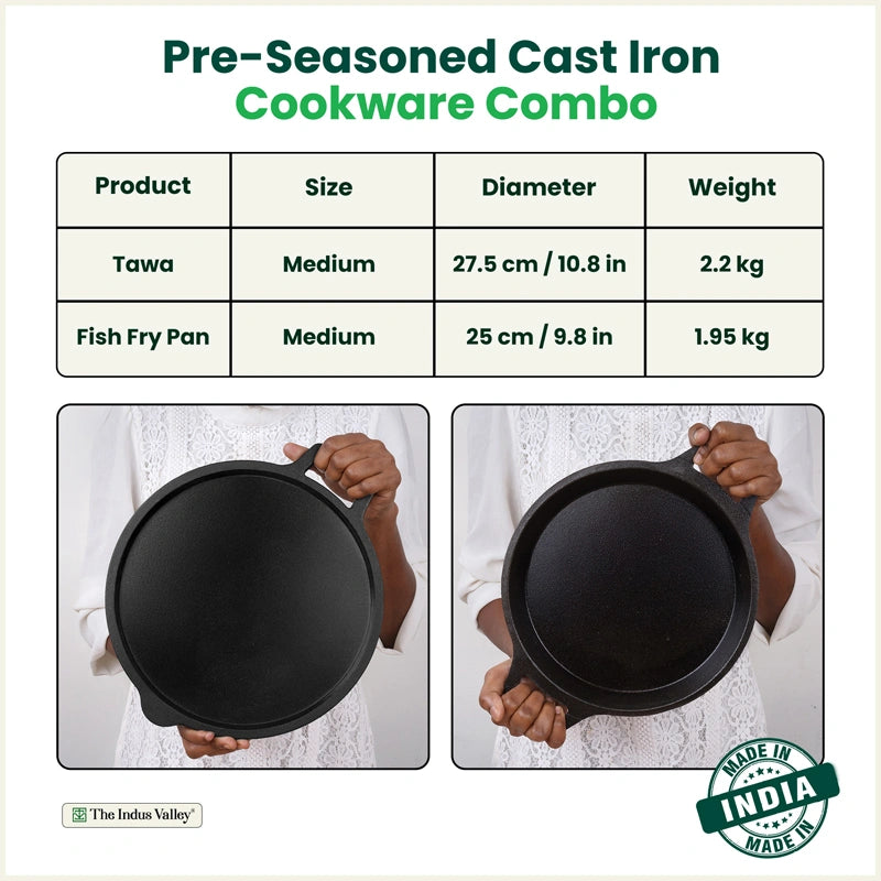 CASTrong Cast Iron Cookware Set - Tawa [27.5 cm] + Fish Fry Pan [25 cm] + Free Wooden Flip, Pre-seasoned, 100% Pure, Toxin-free, Induction Compatible