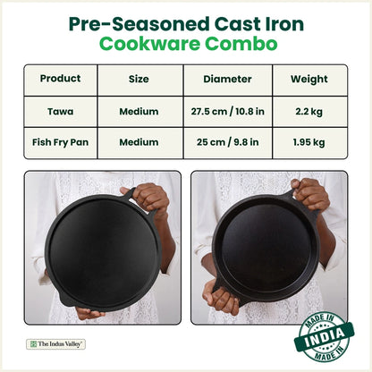 CASTrong Cast Iron Cookware Set - Tawa [27.5 cm] + Fish Fry Pan [25 cm] + Free Wooden Flip, Pre-seasoned, 100% Pure, Toxin-free, Induction Compatible