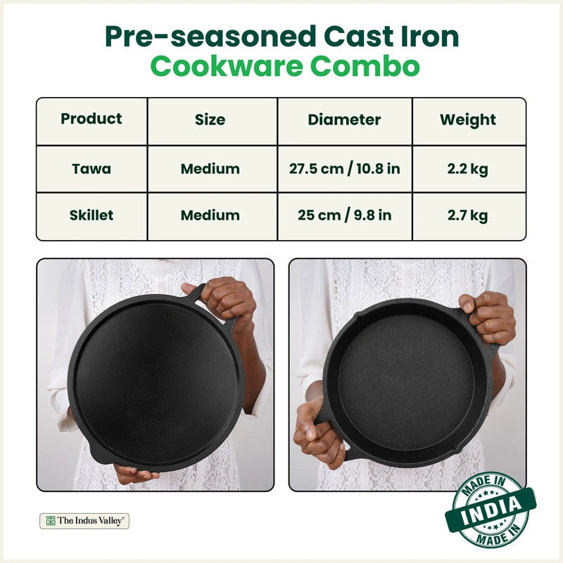 CASTrong Cast Iron Combo - Tawa [27.5 cm] + Skillet [25 cm] + Free Wooden Flip, Pre-seasoned, 100% Pure, Toxin-free, Induction Compatible
