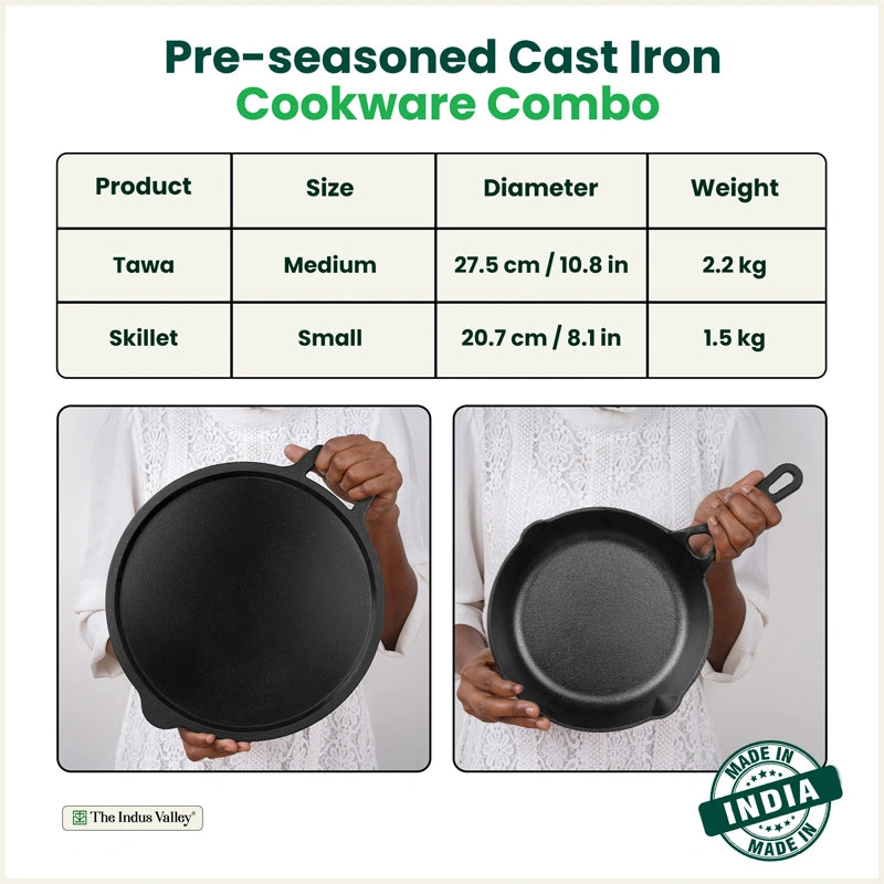 CASTrong Cast Iron Combo - Tawa [27.5 cm] + Skillet [20.7 cm] + Free Wooden Flip, Pre-seasoned, 100% Pure, Toxin-free, Induction Compatible