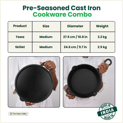 CASTrong Cast Iron Combo - Tawa [27.5 cm] + Skillet [24.6 cm] + Free Wooden Flip, Pre-seasoned, 100% Pure, Toxin-free, Induction Compatible