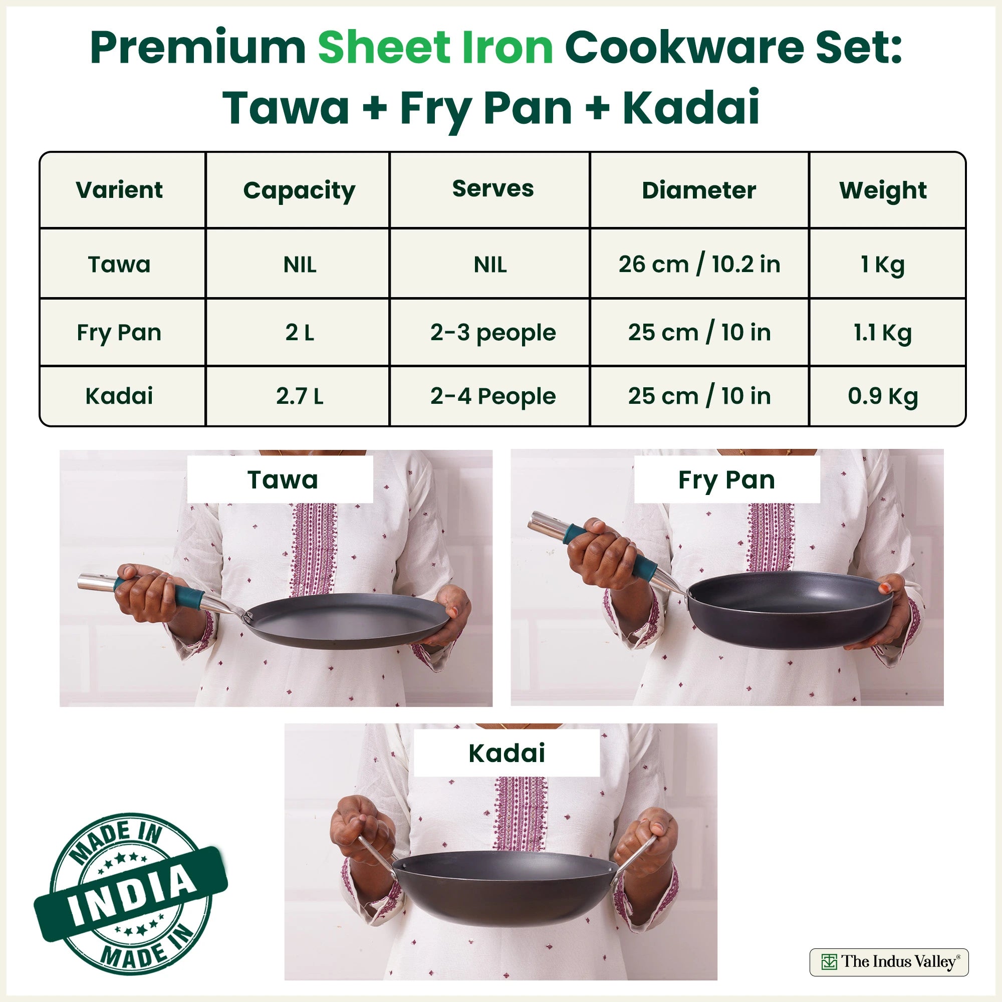 100% Pure Sheet Iron Cookware Set - Tawa(26cm), Fry Pan(25cm), Kadai(25cm) with Silicone Handle, Pre-Seasoned, Induction & Gas Compatible + Free ₹400 Tadka Pan