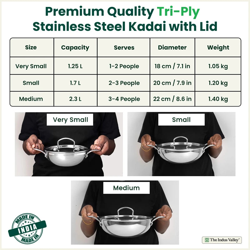 TurboCuk Tri-ply Stainless Steel Kadai+ Steel Lid 18cm Premium Quality, 3 Layer Thick Body, 100% Toxin-free, Non-stick, Induction & Gas