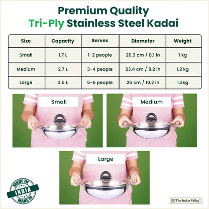TurboCuk Tri-ply Stainless Steel Kadai+ Glass Lid, Premium Quality, 3 Layer Thick Body, 100% Toxin-free, Non-stick, Induction & Gas, 1.7/2.7/4L