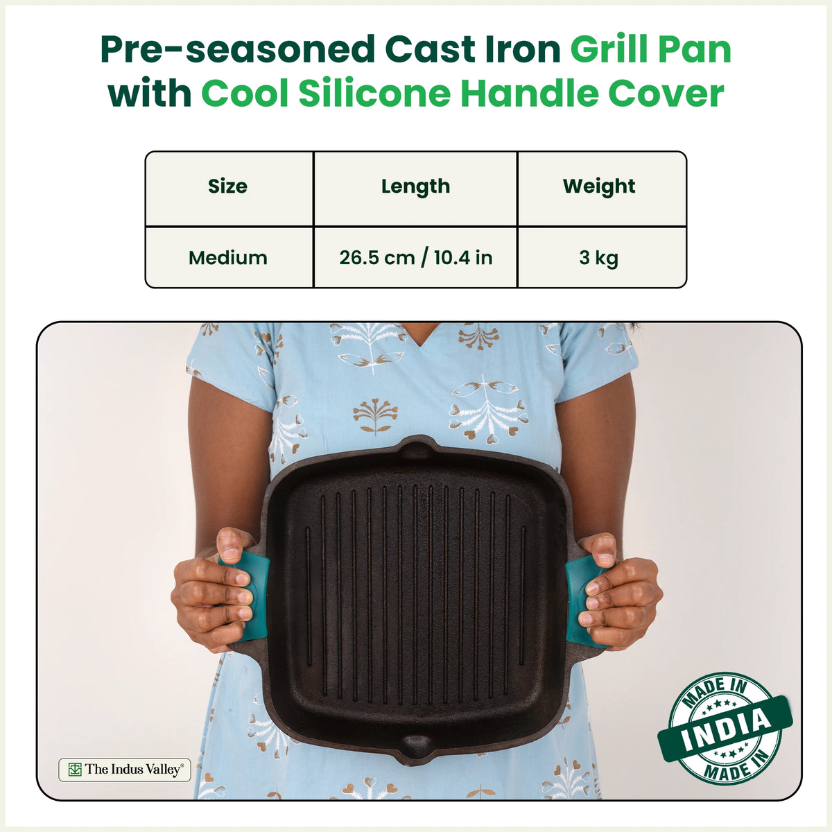 CASTrong Cast Iron Double Handle Grill Pan 26.5 cm with Silicon Handle, Pre-seasoned, Naturally Nonstick, 100% Pure, Toxin-free Grill Pan for Kitchen Use 2 kg