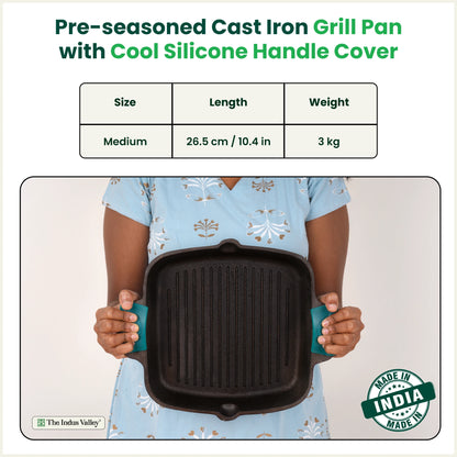 CASTrong Cast Iron Double Handle Grill Pan with Silicon Handle, Pre-seasoned, Naturally Nonstick, 100% Pure, Toxin-free Grill Pan for Kitchen Use, 10.4 In/26.5 cm/2 kg