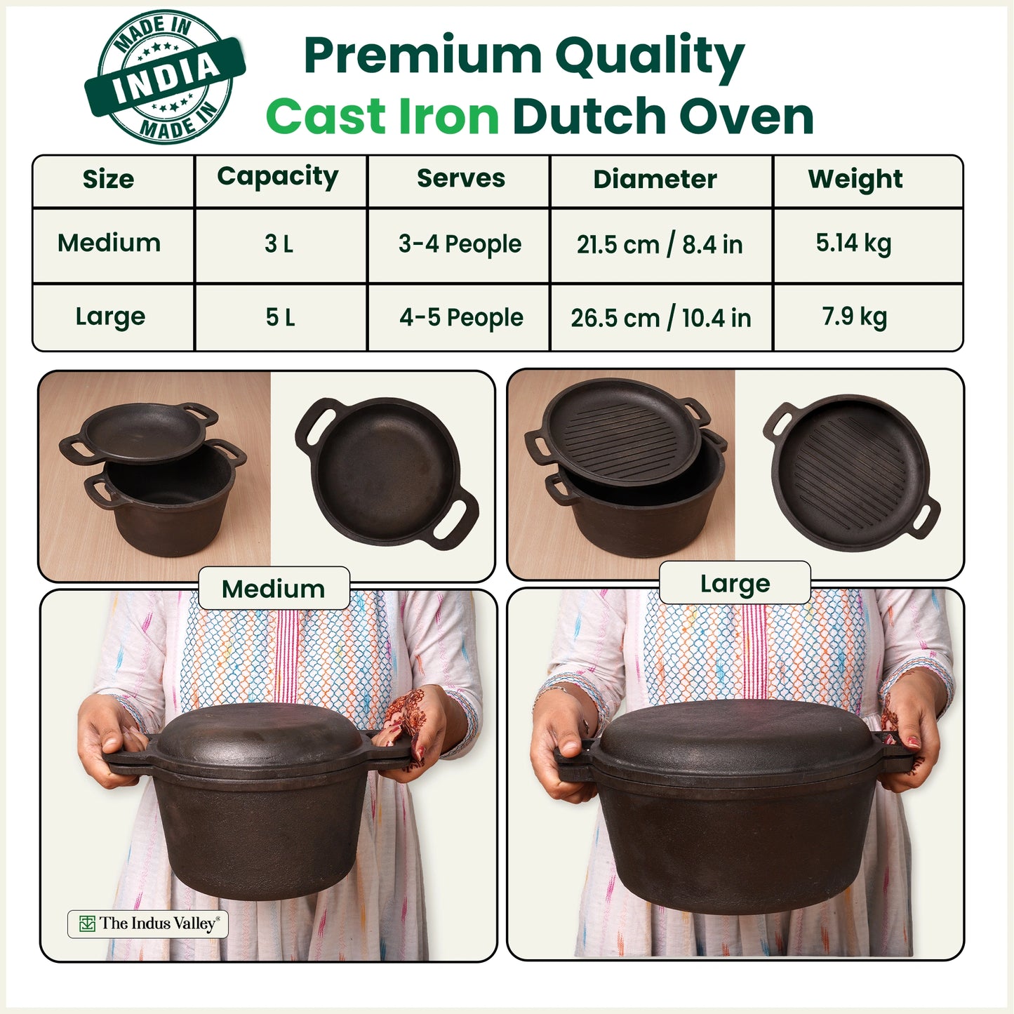CASTrong Cast Iron Dutch Oven/ Casserole with Lid,Pre-seasoned, 100% Pure, Toxin-free, Induction, 21.4cm, 3L, 5.5kg