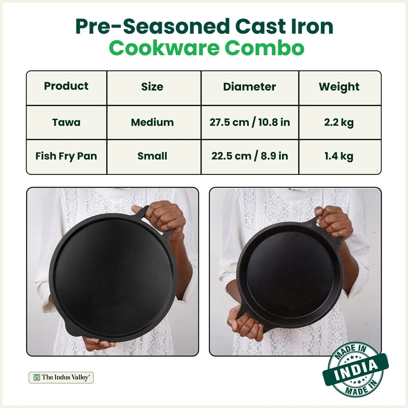 CASTrong Cast Iron Combo - Tawa [27.5 cm] + Fish Fry Pan [22.5 cm] + Free Wooden Flip, Pre-seasoned, 100% Pure, Toxin-free, Induction Compatible