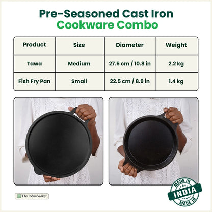 CASTrong Cast Iron Combo - Tawa [27.5 cm] + Fish Fry Pan [22.5 cm] + Free Wooden Flip, Pre-seasoned, 100% Pure, Toxin-free, Induction Compatible