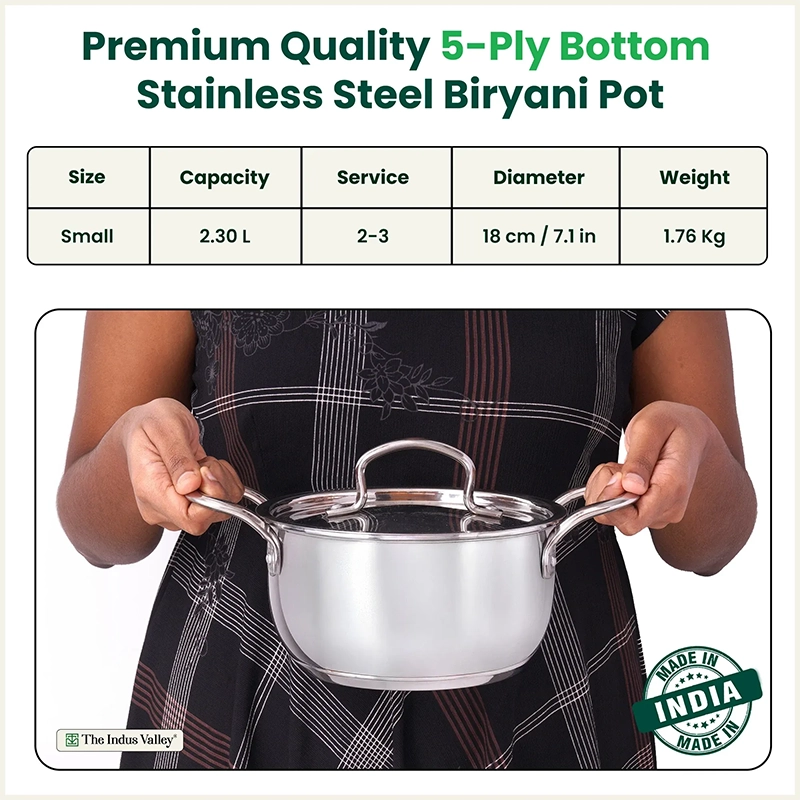 Tri-ply Stainless Steel Biryani Pot/ Casserole/ Sauce Pot with Steel Lid 2.3L Premium Quality, 3 Layer Thick Body and 5-ply Bottom, 100% Toxin-free, Non-stick, Induction & Gas 18cm