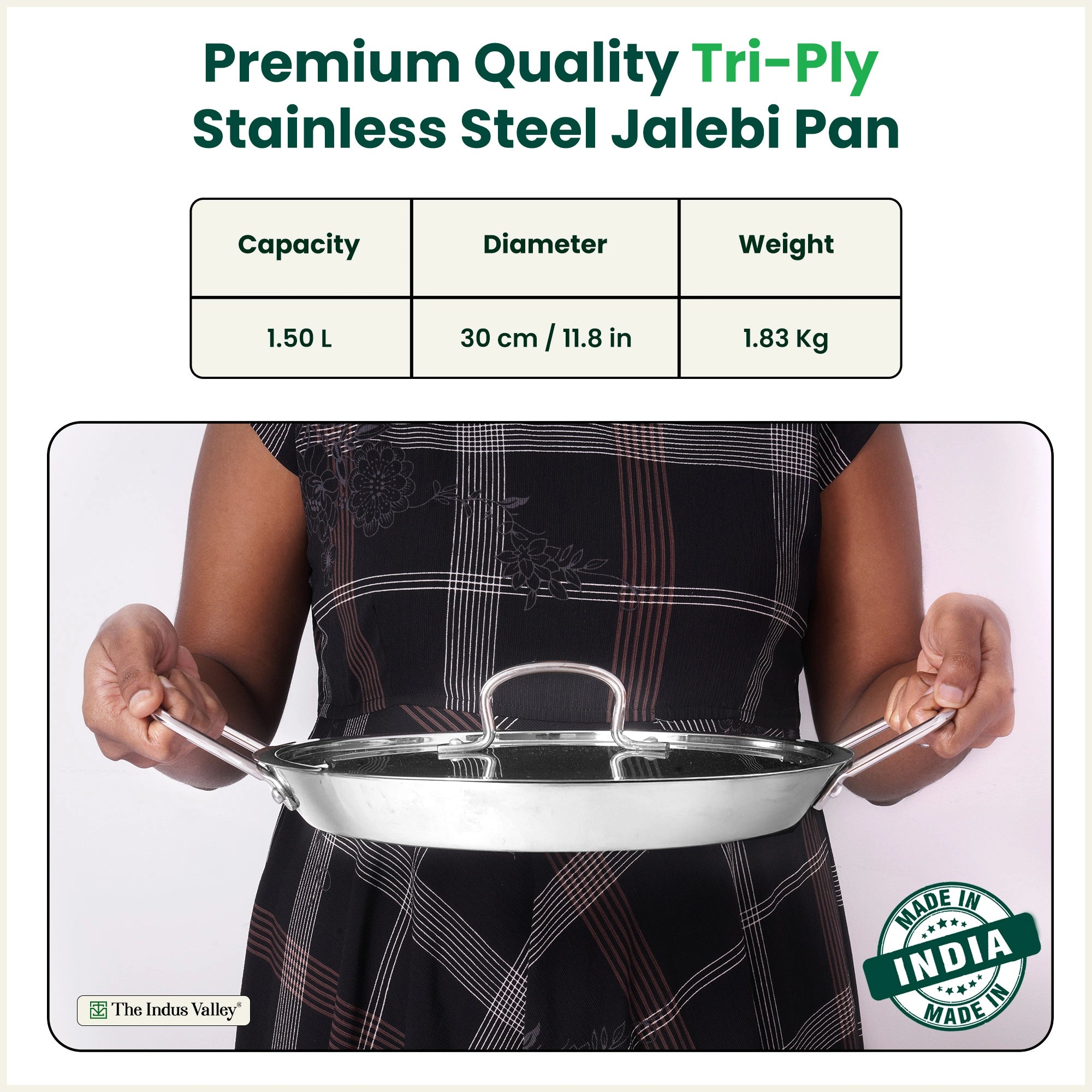 TurboCuk Tri-ply Stainless Steel Jalebi Pan 30cm, 1.5L | No Sticking, No Burning | With Steel Lid | Fast Heating, Healthy Cooking | Induction Safe