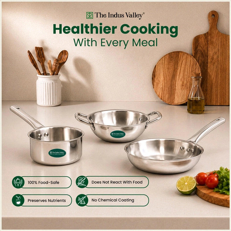 Tri-ply Stainless Steel Cookware Set: 20cm Kadai + 20cm Fry Pan + 14cm Sauce pan, Premium Quality, 3 Layer Thick Body, 100% Toxin-free, Non-stick, Induction & Gas