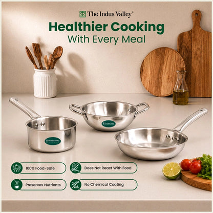 Tri-ply Stainless Steel Cookware Set: 20cm Kadai + 20cm Fry Pan + 14cm Sauce pan, Premium Quality, 3 Layer Thick Body, 100% Toxin-free, Non-stick, Induction & Gas