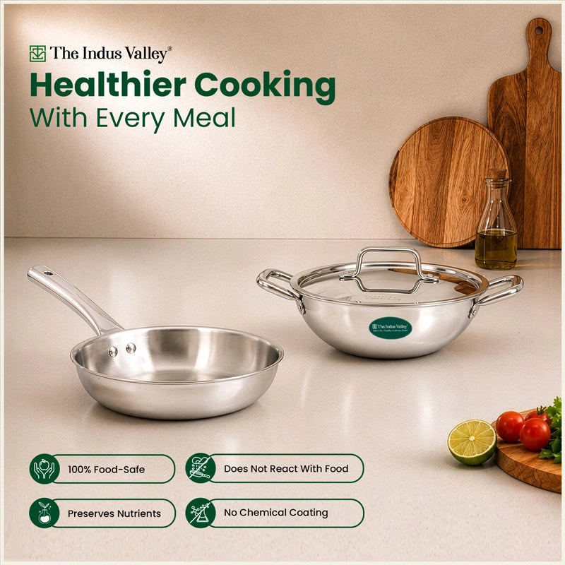 Tri-ply Stainless Steel Cookware Set: Kadai with SS lid -22cm + Frypan - 22cm, Premium Quality, 3 Layer Thick Body, 100% Toxin-free, Non-stick, Induction & Gas