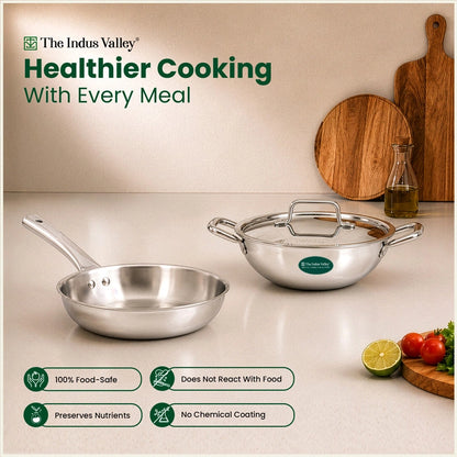 Tri-ply Stainless Steel Cookware Set: Kadai with SS lid -22cm + Frypan - 22cm, Premium Quality, 3 Layer Thick Body, 100% Toxin-free, Non-stick, Induction & Gas