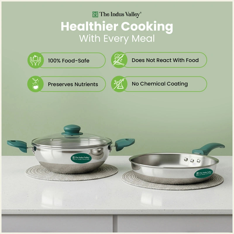 Premium Tri-ply Cookware Set: Kadai with Glass Lid(22cm)+ Frypan(22cm), Tri-ply (3 Layer) Bottom, Induction & Gas