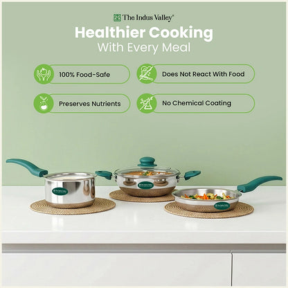Premium Tri-ply Cookware Set: Kadai with Glass Lid(20cm)+Saucepan(14cm)+ Frypan(18cm)with Glass Lid, Tri-ply (3 Layer) Bottom, Induction & Gas