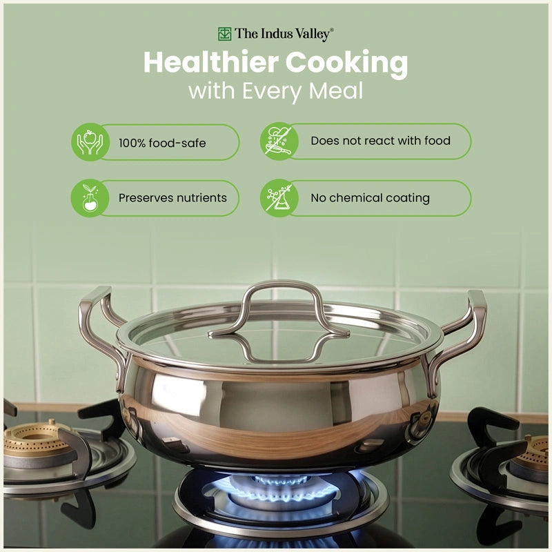 Tri-ply Stainless Steel Uruli with Steel Lid 24cm/28cm/32cm, 3 Layer Thick Body, 100% Toxin-free, Non-stick, Induction & Gas