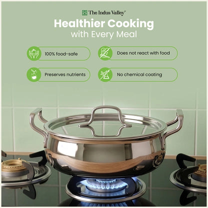 Tri-ply Stainless Steel Uruli with Steel Lid 24cm/28cm/32cm, 3 Layer Thick Body, 100% Toxin-free, Non-stick, Induction & Gas