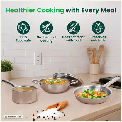TurboCuk Tri-ply Stainless Steel Cookware Set: 24cm Kadai with Lid + 22cm Fry Pan + 16cm Sauce pan, Premium Quality, 3 Layer Thick Body, 100% Toxin-free, Non-stick, Induction & Gas