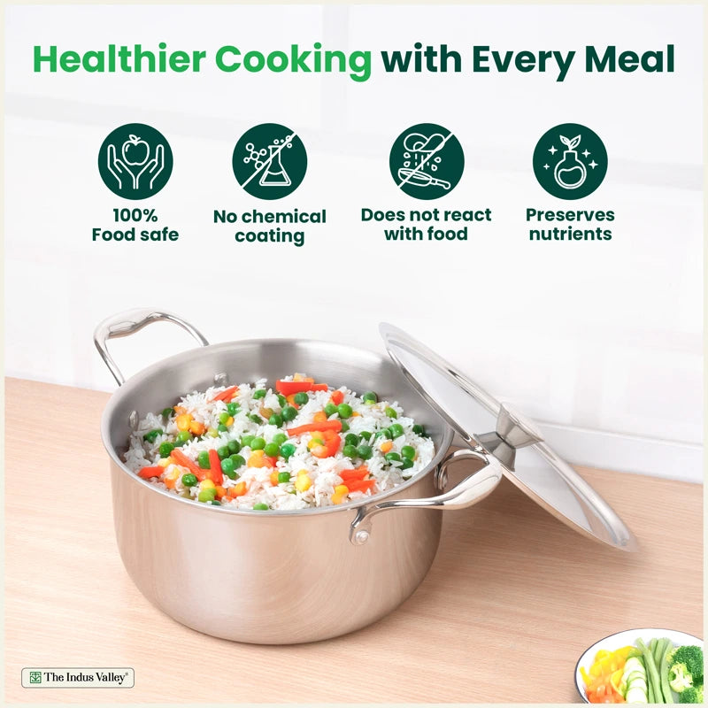 Tri-ply Stainless Steel Biryani Pot/ Casserole/ Sauce Pot with Steel Lid 3.2L/3.7L/5.5L/8.5L, Premium Quality, 3 Layer Thick Body, 100% Toxin-free, Non-stick, Induction & Gas